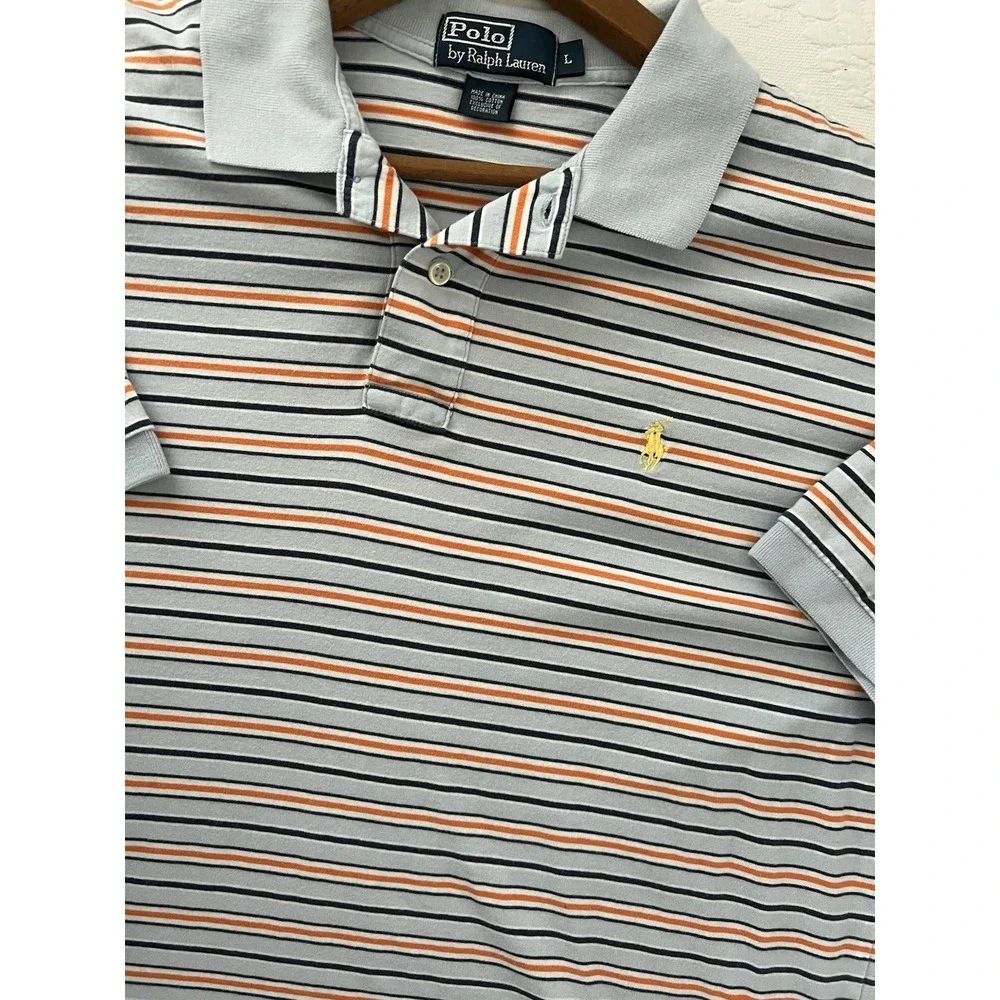 Polo Ralph Lauren Men's Stripes Polo Shirt Large VTG Soft Blue Orange Cotton